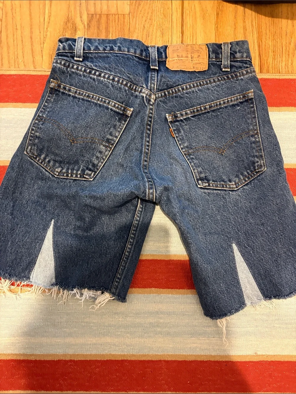 Reworked Vintage Levi's Two-Tone Blue Patchwork Long Denim Shorts